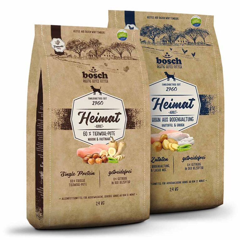 Bosch Heimat Probierpaket Geflügel Entdecken Sie jetzt die leckeren Trockenfutter von Bosch. Das Probierpaket enthält zwei leckeren Sorten Tierwohl-Pute und Huhn Bodenhaltung der neuen Linie Heimat. Tierwohl-Pute unterliegt speziellen Kriterien
