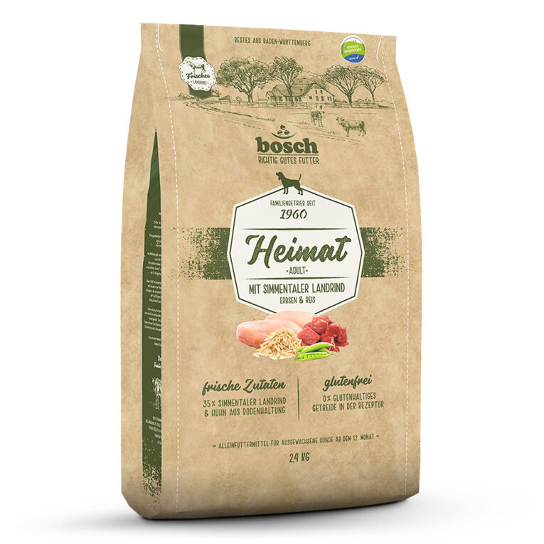 Bosch Heimat Adult Simmentaler Landrind Unser Heimat Adult mit frischem Simmentaler Landrind wird mit köstlichem Simmentaler Landrind (6 %) und zartem Huhn aus Bodenhaltung (29 %) schonend für Deine ausgewachsene Fellnase in unserem traditionsreichen Familienunternehmen in Wiesenbach hergestellt. Simmentaler Landrind ist bekannt für seinen milden Geschmack und seine vorzügliche Bekömmlichkeit. Die Haltung der Simmentaler Landrinder ist in unserer Region Hohenlohe weit verbreitet. Unsere Hühner aus Bodenhaltung können sich frei bewegen und werden ausreichend mit Einstreu versorgt. Durch den bewussten Verzicht auf glutenhaltiges Getreide in der Rezeptur und der Verwendung hochwertiger und leicht verdaulicher Kohlenhydratquellen wie Reis und Hirse ernährst Du Deinen Hund besonders schonend und glutenfrei. Mit 60 Jahren Erfahrung und getreu unserem Qualitätsversprechen „gesicherte Nachhaltigkeit“ (zertifiziert vom Deutschen Institut für Nachhaltigkeit und Ökonomie) werden unsere Heimat-Produkte im Einklang mit der Natur mit ausgewählten regionalen Rohstoffen liebevoll und sorgsam zubereitet. Das Trockenfutter Heimat Adult Simmentaler Landrind von Bosch im Überblick: Alleinfutter für ausgewachsene Fellnasen ab dem 12. Monat Mit köstlichem Simmentaler Landrind Zartes Huhn aus Bodenhaltung Rezeptur ohne glutenhaltiges Getreide Hochwertige und leicht verdauliche Kohlenhydratquellen wie Reis und Hirse