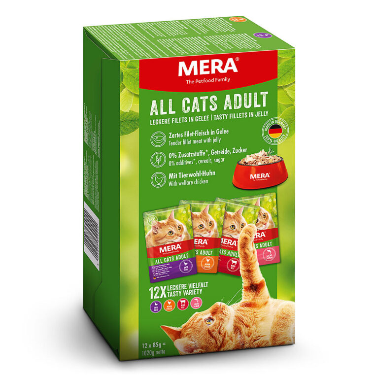 Mera Cats MixPack Nassfutter MERA Cats All Cats Adult Multibox - Für deine gesunde und glückliche Katze Bei der Entwicklung unserer neuen Katzenprodukte haben wir uns ganz eng an den Bedürfnissen von euch und euren Katzen orientiert. Herausgekommen ist eine vielfältige Auswahl an schmackhaften Rezepturen