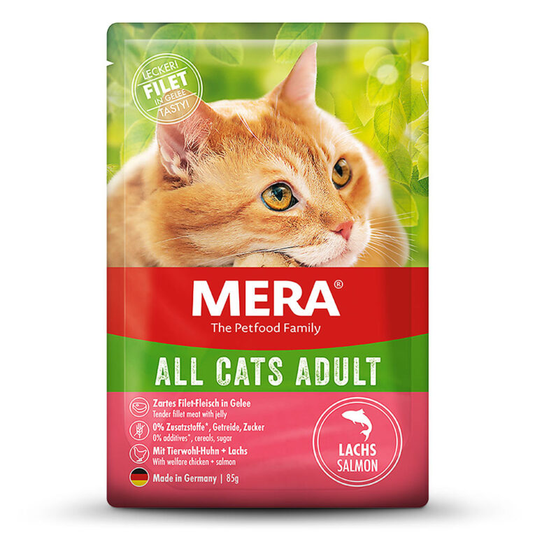 Mera Cats Adult Lachs Nassfutter MERA Cats All Cats Adult Lachs - Für deine gesunde und glückliche Katze Bei der Entwicklung unserer neuen Katzenprodukte haben wir uns ganz eng an den Bedürfnissen von euch und euren Katzen orientiert. Herausgekommen ist eine vielfältige Auswahl an schmackhaften Rezepturen