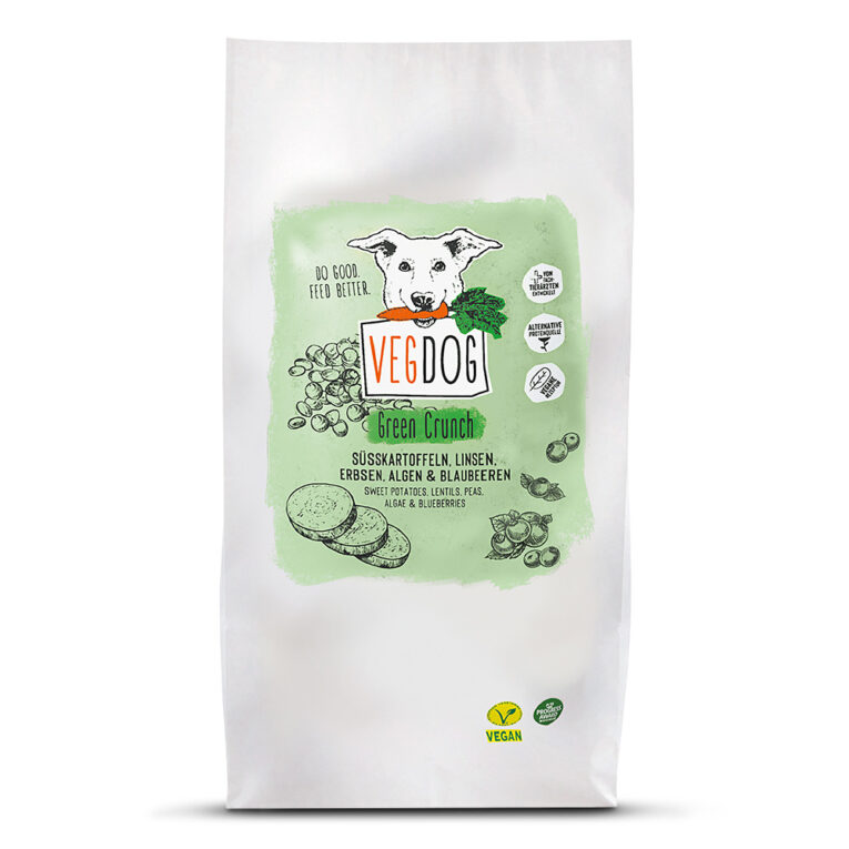 Vegdog Green Crunch VEGDOG GREEN CRUNCH Trockenfutter ist ein vollwertiges Alleinfuttermittel für ausgewachsene Hunde ab 11 Monaten (unabhängig von Rasse und Größe) und bietet eine Abwechslung im Futterplan. Es ist hochverdaulich und enthält alternative Proteinquellen