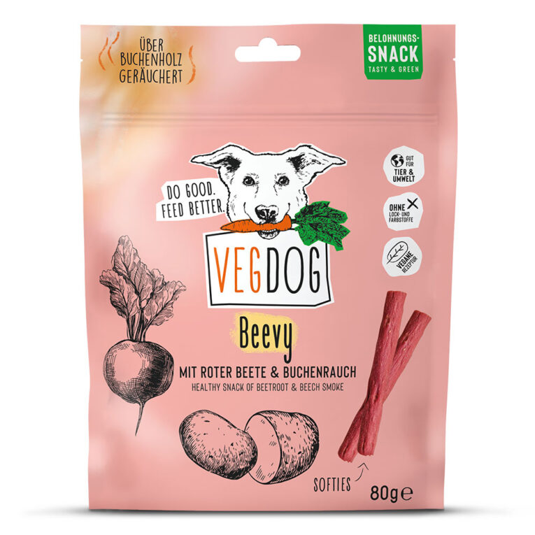 Vegdog Beevys VEGDOG BEEVYS - die Jackpots für Deinen Feinschmecker mit Roter Beete und Buchenrauch. Sie überzeugen nicht nur durch ihren Geschmack