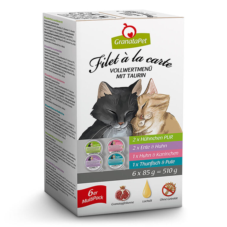 GranataPet - Nassfutter - Filet á la carte Mutlipack (getreidefrei) GranataPet Filet á la carte Multipack eignet sich ideal zum Ausprobieren. Es enthält alle vier verschiedenen Sorten der Linie Filet á la carte von GranataPat