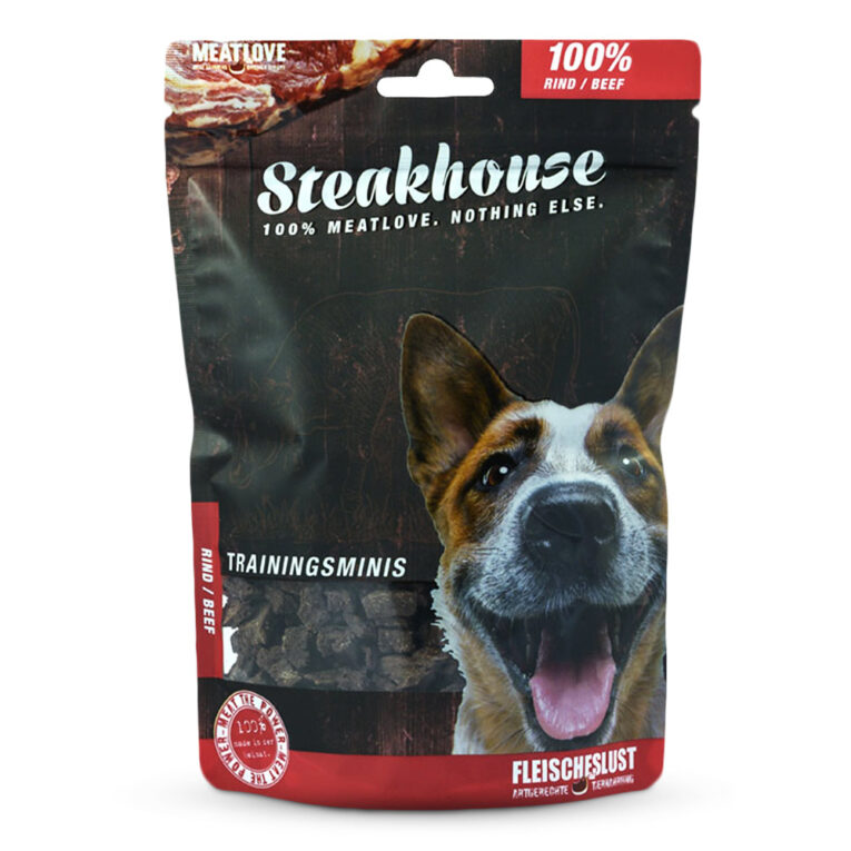 Fleischeslust - Hundesnack - Steakhouse Rinder Minis luftgetrocknet (getreidefrei) Diese gesunden Belohnungssnacks von Fleischeslust können zum Training oder einfach zwischendurch verfüttert werden und sind geeignet für Hunde jeden Alters und jeder Rasse. Die Steakhouse-Rinder Minis sind frei von unerwünschten Zusatzstoffen