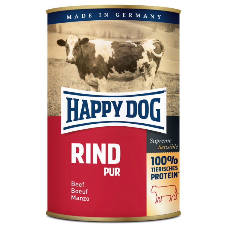 Happy Dog - Nassfutter - Single Protein Rind Pur (getreidefrei) Für eine ausgewogene Ernährung von Hunden gehört Fleisch zu den Hauptbestandteilen. Happy Dog Single Protein Rind eignet sich hervorragend als Fleischzugabe zum Mischen mit Flocken. Da nur eine Proteinquelle verwendet wird