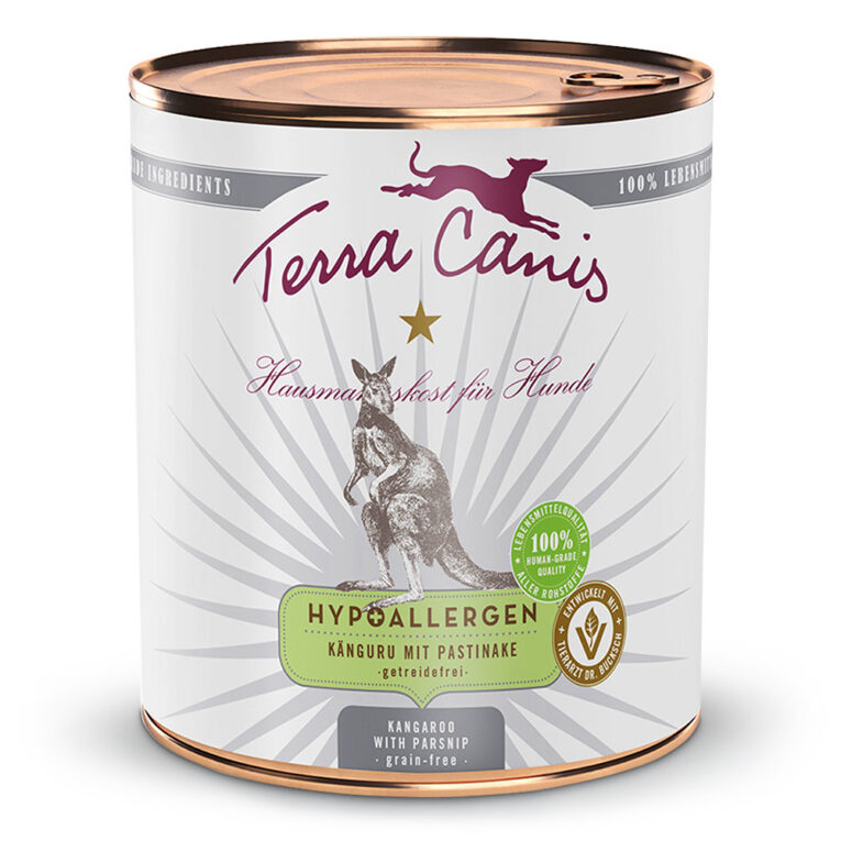 Hypoallergen Känguru Die Terra Canis HYPOALLERGEN-Menüs bestehen aus reinem Muskel- und Herzfleisch (60 %) einer einzigen