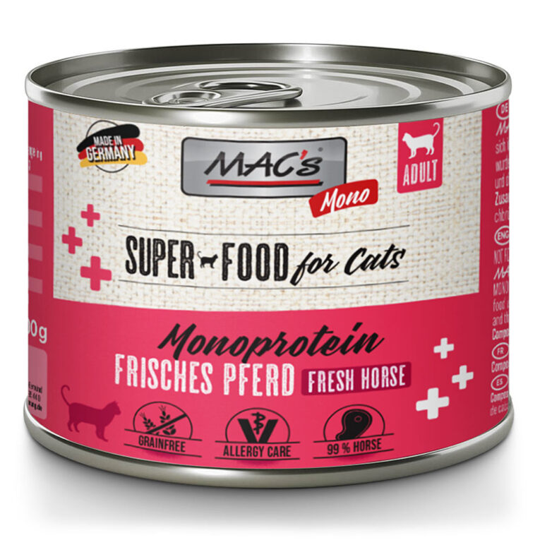 MAC's Cat Mono Pferd Dose 200 g Mac´s MONO Pferd besteht aus nur einer Fleischsorte als Proteinlieferant. MAC’s MONO eignet sich ideal bei empfindlichen Katzen und ist zur Ausschlussdiät geeignet. Die getreidefreie Vollnahrung wurde entwickelt