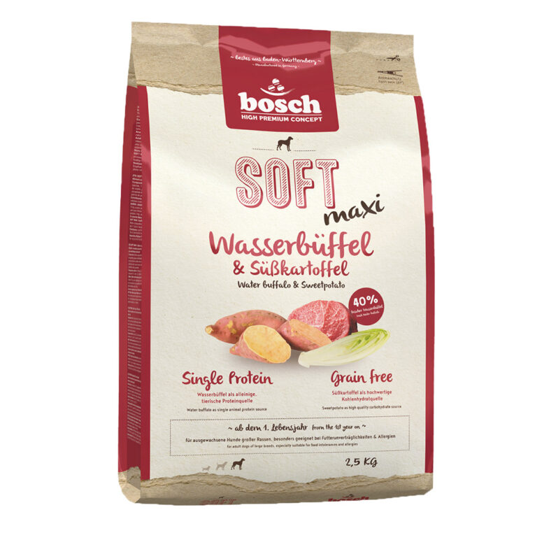 Bosch - Trockenfutter - Soft Maxi Wasserbüffel und Süßkartoffel (getreidefrei) Das halbfeuchte Hundefutter Bosch Soft Maxi Wasserbüffel und Süßkartoffel ist ein getreidefreies Alleinfutter für erwachsene Hunde großer Rassen. Die Kroketten und die Rezeptur des Futter sind speziell auf die Bedürfnisse großer Hunde angepasst und versorgen Ihren Liebling mit vielen gesunden Zutaten. Mit viel frischem Wasserbüffelfleisch als alleinige