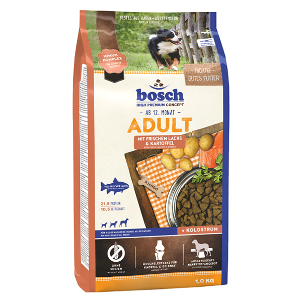 Bosch - Trockenfutter - High Premium Concept Adult Lachs und Kartoffel Das Hundefutter Bosch High Premium Concept Adult Lachs und Kartoffel ist ein vollwertiges Trockenfutter mit einem ausgewogenen Nährstoffprofil und viel leckerem Frischfleisch. Das weizenfreieTrockenfutter eignet sich durch seine hohe Verträglichkeit optimal zur Ernährung von ausgewachsenen Hunden aller Rassen mit normalem Energiebedarf. Mit seinem hohen Anteil an hochwertigem Protein und wertvollen Fettsäuren aus frischem Lachs ist das Bosch High Premium Concept Adult Lachs und Kartoffel Trockenfutter eine optimale Grundlage zur artgerechten Ernährung Ihres Hundes. Hochverdauliche Kohlenhydratquellen und leckeres Gemüse liefern wichtige Ballast- und Mineralstoffe und leisten somit einen wichtigen Beitrag zur Gesundheit ihres Hundes. Ergänzt wird die Rezeptur durch Kolostrum