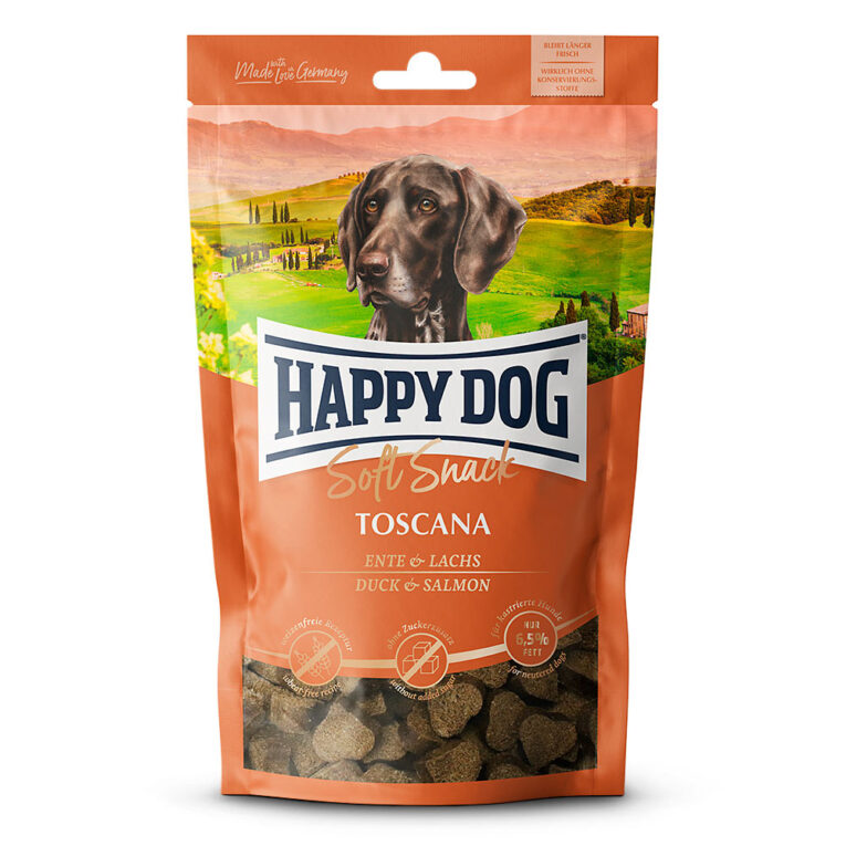Soft Snack Toscana Der softe Snack Toscana in Herzform eignet sich ideal zum Verwöhnen deines Lieblings oder als kleine Mahlzeit für zwischendurch. Leicht verdauliche Ente und feiner Lachs verfeinert mit aromatischen mediterranen Kräutern ist ein Geschmackserlebnis für anspruchsvolle Feinschmecker. Die weizenfreie Rezeptur mit nur 6