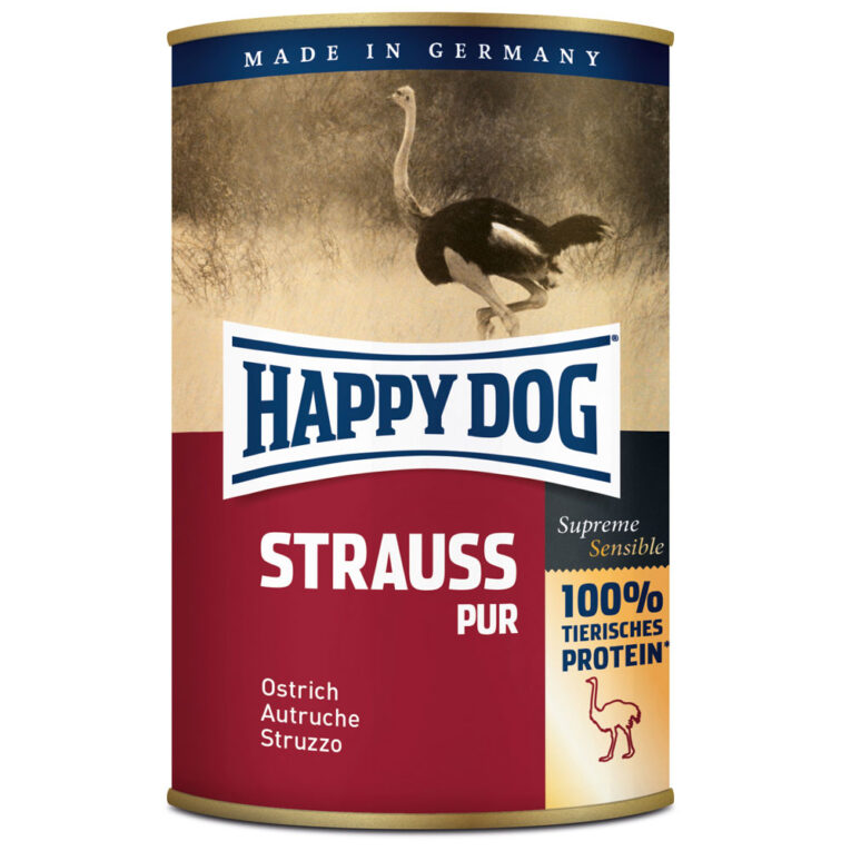 Happy Dog - Nassfutter - Single Protein Strauß Pur Für eine ausgewogene Ernährung von Hunden gehört Fleisch zu den Hauptbestandteilen. Happy Dog Single Protein Strauß eignet sich hervorragend als Fleischzugabe zum Mischen mit Flocken. Da nur eine Proteinquelle verwendet wird