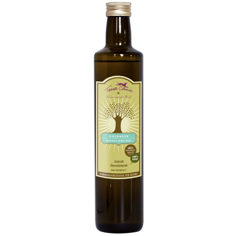 Terra Canis - Ergänzungsfutter - Goldmeer Das Ergänzungsfutter Goldmeer von Terra Canis enthält zwei wertvolle Ölsorten; Lachsöl und Dorschleberöl. Das Öl liefert wertvolle Omega-3-Fettsäuren und kann das Immunsystem stärken. Zur Erzeugung des Terra Canis Goldmeer Öls wird ausschließlich Fischöl aus nachhaltigem Fischfang verwendet. Das Öl ist kaltgepresst. Goldmeer von Terra Canis eignet sich für Hunde aller Rassen und jeden Alters. Die wichtigsten Eigenschaften von Goldmeer der Firma Terra Canis: 2 verschiedene Ölsorten Mit hochwertigen Fettsäuren Fischöl aus nachhaltigem Fischfang Für alle Rassen geeignet Für Hunde jeden Alters