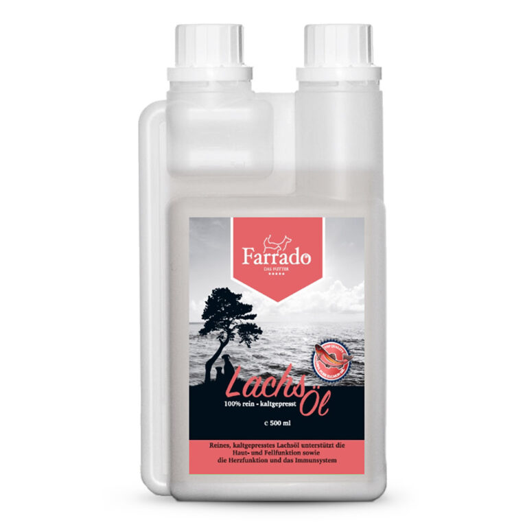 Farrado - Ergänzungsfutter - Lachsöl Das Lachsöl von Farrado ist das ideale Ergänzungsfutter für Ihren Hund. Es enthält 100 % biologische Zutaten und ist reich an Omega-3 und Omega-6 Fettsäuren. Es wird bei der Herstellung in Deutschland kaltgepresst und ohne künstliche Zusatzstoffe verarbeitet. Zudem ist es vega und glutenfrei Das Lachsöl von Farrado für Hunde im Überblick: 100% biologische Zutaten Ergänzungsfutter für Hunde aller Rassen jeden Alters Reich an Omega-3 und Omega-6 Wirkt entzündungshemmend Verbessert den Muskelaufbau Unterstützt die Herzfunktion Reduziert Haarausfall Verdauungsfördernd Senkt das Allergierisiko Fördert die Gelenksfunktionen Keine künstlichen Zusatzstoffe Glutenfrei Vegan Herstellung in Deutschland