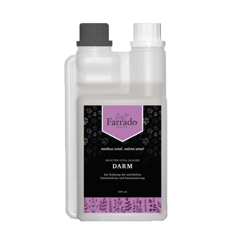 Farrado - Ergänzungsfutter - Kräuter-Vital-Elixier Darm Ein gesunder Darm und eine intakte Darmflora bilden die Basis für die Gesundheit Ihres Vierbeiners. Das getreidefreie Ergänzungsfutter Farrado Kräuter-Vital-Elixier Darm kann durch seine Kombination von gerbstoffhaltigen Heilkräutern den natürlichen Aufbau der Darmfunktion Ihres Hundes stärken. Im Fokus dieses Elixiers stehen die Kräuter Schafgarbe