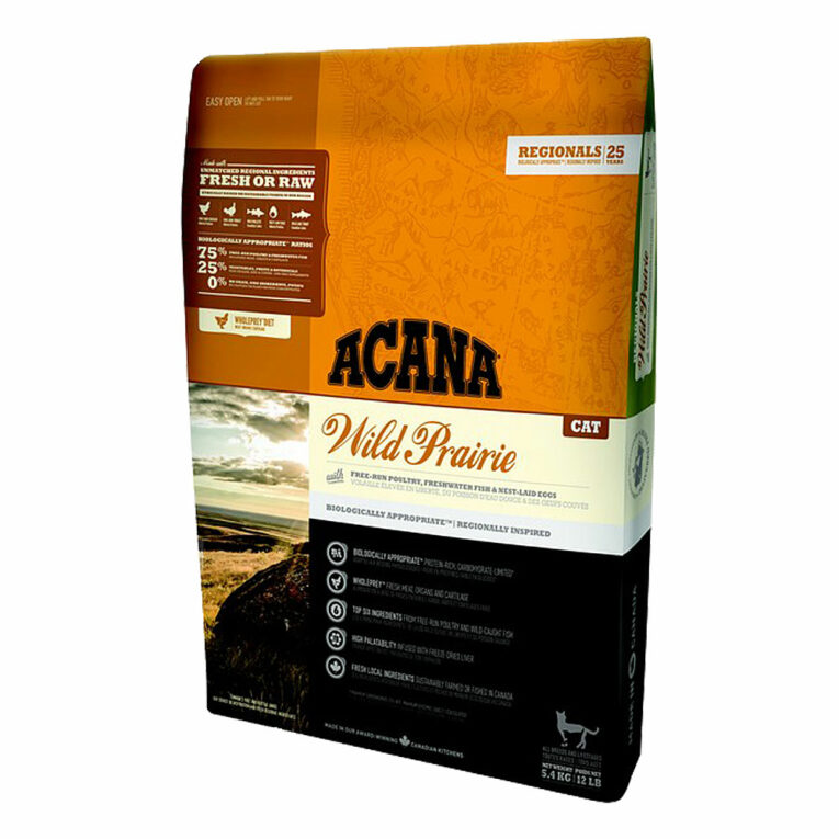 Acana - Trockenfutter - Regionals Wild Prairie (getreidefrei) Acana Regionals Wild Prairie ist auf die Ernährung von Katzen in allen Lebensphasen abgestimmt und versorgt Ihre Samtpfote mit wertvollen Nährstoffen für ein gesundes und aktives Leben. Deshalb enthält Acana Regionals Wild Prairie viel Protein aus nahrhaftem Hühner- und Truthahnfleisch aus artgerechter Freilandhaltung und frisch gefangenem Fisch. Die verschiedenen Fleischsorten werden frisch oder roh in "ganze-Beute" Portionen verarbeitet. Das schmackhafte Futter wird außerdem mit einer Vielzahl an vitaminreichem Obst und Gemüse aus regionaler Erzeugung zubereitet. Die ausgewogene Rezeptur ist ein wahrer Gaumenschmaus für Ihren Vierbeiner und versorgt ihn so natürlich wie möglich mit wichtigen Nähr- und Vitalstoffen. Die Regionals-Linie von Acana hat einen besonders hohen Fleischanteil von 75 Prozent. Dabei wird sowohl rohes als auch getrocknetes Fleisch verarbeitet