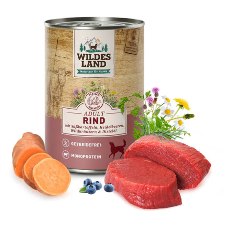 Wildes Land | Rind mit Süßkartoffeln, Heidelbeeren, Wildkräutern und Distelöl | Classic Adult | 12 x 400 g