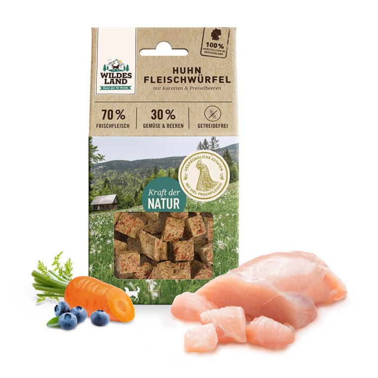 Fleischwürfel Huhn 100 g Der Hundesnack Fleischwürfel Huhn von Wildes Land zeichnet sich durch eine schmackhafte Rezeptur mit 70% frischem Hühnerfleisch