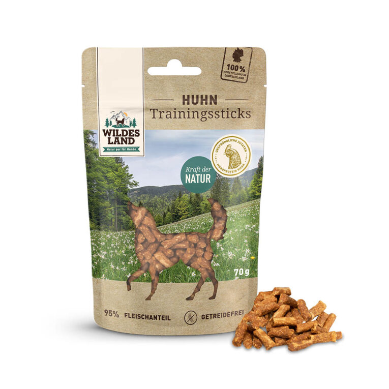 Wildes Land - Hundesnack - Trainingssticks Huhn 8 x 70g Die Trainingssticks Huhn von Wildes Land basieren auf der Ursprünglichkeit der Natur. Sie sind frei von Getreide und Gluten und dadurch auch für ernährungssensible Hunde geeignet. Als Fleischquelle enthalten die Wildes Land Trainingssticks ausschließlich Huhn und erfreuen sich daher besonders großer Akzeptanz. Auch beim Snack zwischendurch ist es wichtig