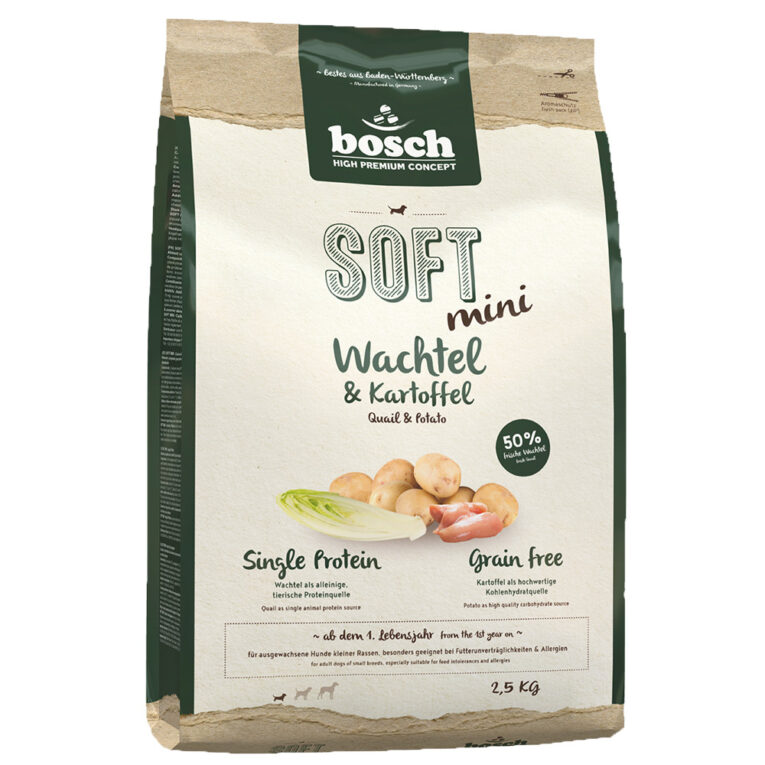 Bosch - Trockenfutter - Soft Mini Wachtel und Kartoffel (getreidefrei) Das halbfeuchte Hundefutter Bosch Soft Mini Wachtel und Kartoffel ist ein getreidefreies Alleinfutter für alle Hunde kleiner Rassen. Mit viel frischem Wachtelfleisch als alleinige