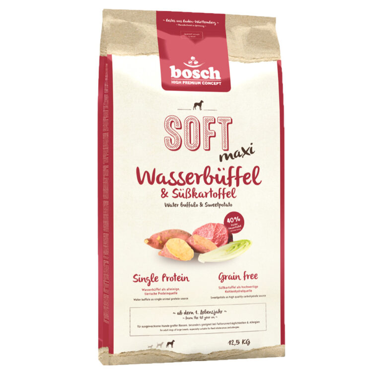 Bosch - Trockenfutter - Soft Maxi Wasserbüffel und Süßkartoffel (getreidefrei) Das halbfeuchte Hundefutter Bosch Soft Maxi Wasserbüffel und Süßkartoffel ist ein getreidefreies Alleinfutter für erwachsene Hunde großer Rassen. Die Kroketten und die Rezeptur des Futter sind speziell auf die Bedürfnisse großer Hunde angepasst und versorgen Ihren Liebling mit vielen gesunden Zutaten. Mit viel frischem Wasserbüffelfleisch als alleinige