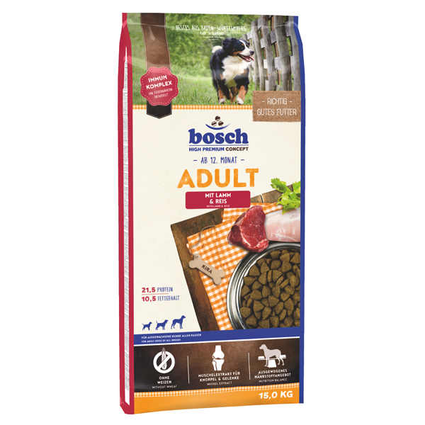 Bosch - Trockenfutter - High Premium Concept Adult Lamm und Reis Das Hundefutter Bosch High Premium Concept Adult Lamm und Reis ist ein vollwertiges Trockenfutter mit einem ausgewogenen Nährstoffprofil und viel leckerem Frischfleisch. Das weizenfreieTrockenfutter eignet sich durch seine hohe Verträglichkeit optimal zur Ernährung von ausgewachsenen Hunden aller Rassen mit normalem Energiebedarf. Mit seinem hohen Anteil an hochwertigem Protein aus Lamm und Geflügel ist das Bosch High Premium Concept Adult Lamm und Reis Trockenfutter eine optimale Grundlage zur artgerechten Ernährung Ihres Hundes. Hochverdauliche Kohlenhydratquellen und leckeres Gemüse liefern wichtige Ballast- und Mineralstoffe und leisten somit einen wichtigen Beitrag zur Gesundheit ihres Hundes. Ergänzt wird die Rezeptur durch ß-Glucane und Mannane