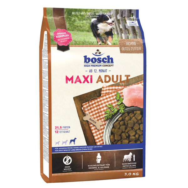 Bosch - Trockenfutter - High Premium Concept Maxi Adult Das Hundefutter Bosch High Premium Concept Maxi Adult ist ein vollwertiges Trockenfutter mit einem ausgewogenen Nährstoffprofil und viel leckerem Frischfleisch. Das weizenfreieTrockenfutter eignet sich durch seine hohe Verträglichkeit optimal zur Ernährung von ausgewachsenen Hunden großer Rassen und minimiert aufgrund des speziellen Energie- und Proteingehalts das Risiko von Übergewicht. Mit seinem hohen Anteil an hochwertigem Protein aus Lamm und Geflügel ist das Bosch High Premium Concept Maxi Adult Trockenfutter eine optimale Grundlage zur artgerechten Ernährung Ihres Hundes. Hochverdauliche Kohlenhydratquellen und leckeres Gemüse liefern wichtige Ballast- und Mineralstoffe und leisten somit einen wichtigen Beitrag zur Gesundheit Ihres Hundes. Ergänzt wird die Rezeptur durch ß-Glucane und Mannane