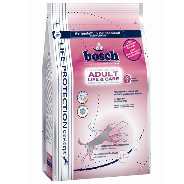 Bosch - Trockenfutter - Life Protection Adult Life and Care (glutenfrei) Das Hundefutter Bosch Adult Life and Care aus der Life Protection Futterlinie ist ein vollwertiges Trockenfutter mit einem ausgewogenen Nährstoffprofil und viel leckerem Frischfleisch. Das glutenfeie Trockenfutter eignet sich durch seine hohe Verträglichkeit optimal zur Ernährung von ausgewachsenen ernährungssensiblen Hunden aller Rassen. Mit seinem hohen Anteil an hochwertigen Proteinen ist das Bosch Life Protection Concept Trockenfutter eine optimale Grundlage zur artgerechten Ernährung Ihres Hundes. Frische Früchte und Meeresprodukte liefern wichtige Vitamine und Mineralstoffe und leisten somit einen wichtigen Beitrag zur Gesundheit ihres Hundes. In dem Bosch Hundefutter Adult Life & Care sind nur hochwertige und leicht verdauliche Proteine enthalten