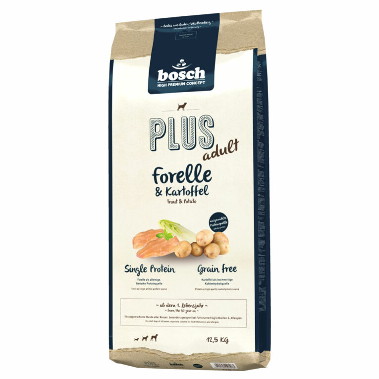 Bosch - Trockenfutter - Plus Adult Forelle und Kartoffel (getreidefrei) Das Hundefutter Bosch Plus Adult Forelle und Kartoffel ist ein vollwertiges Trockenfutter mit einem ausgewogenen Nährstoffprofil und viel leckerem Frischfleisch. Das Single Protein Trockenfutter eignet sich durch seine hohe Verträglichkeit optimal zur Ernährung von ausgewachsenen Hunden aller Rassen und ist dank der getreidefreien Rezeptur auch besonders gut für ernährungssensible Hunde geeignet. Mit seinem hohen Anteil an hochwertigem Protein ist das Bosch Plus Adult Forelle und Kartoffel Trockenfutter eine optimale Grundlage zur artgerechten Ernährung Ihres Hundes. Hochverdauliche Kartoffel