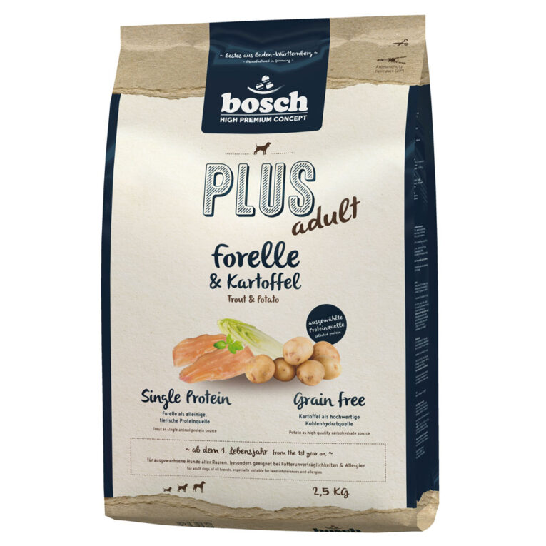 Bosch - Trockenfutter - Plus Adult Forelle und Kartoffel (getreidefrei) Das Hundefutter Bosch Plus Adult Forelle und Kartoffel ist ein vollwertiges Trockenfutter mit einem ausgewogenen Nährstoffprofil und viel leckerem Frischfleisch. Das Single Protein Trockenfutter eignet sich durch seine hohe Verträglichkeit optimal zur Ernährung von ausgewachsenen Hunden aller Rassen und ist dank der getreidefreien Rezeptur auch besonders gut für ernährungssensible Hunde geeignet. Mit seinem hohen Anteil an hochwertigem Protein ist das Bosch Plus Adult Forelle und Kartoffel Trockenfutter eine optimale Grundlage zur artgerechten Ernährung Ihres Hundes. Hochverdauliche Kartoffel