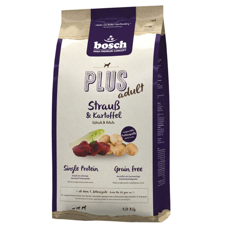 Bosch - Trockenfutter - Plus Adult Strauß und Kartoffel (getreidefrei) Das Hundefutter Bosch Plus Adult Strauß und Kartoffel ist ein vollwertiges Trockenfutter mit einem ausgewogenen Nährstoffprofil und viel leckerem Frischfleisch. Das Single Protein Trockenfutter eignet sich durch seine hohe Verträglichkeit optimal zur Ernährung von ausgewachsenen Hunden aller Rassen und ist dank der getreidefreien Rezeptur auch besonders gut für ernährungssensible Hunde geeignet. Mit seinem hohen Anteil an hochwertigem Protein ist das Bosch Plus Adult Strauß und Kartoffel Trockenfutter eine optimale Grundlage zur artgerechten Ernährung Ihres Hundes. Hochverdauliche Kartoffel und leckeres Gemüse liefern wichtige Vitamine und Mineralstoffe und leisten somit einen wichtigen Beitrag zur Gesundheit Ihres Hundes. In dem Bosch Hundefutter Plus Adult Strauß und Kartoffel ist nur eine einzige leicht verdauliche tierische Proteinquelle enthalten