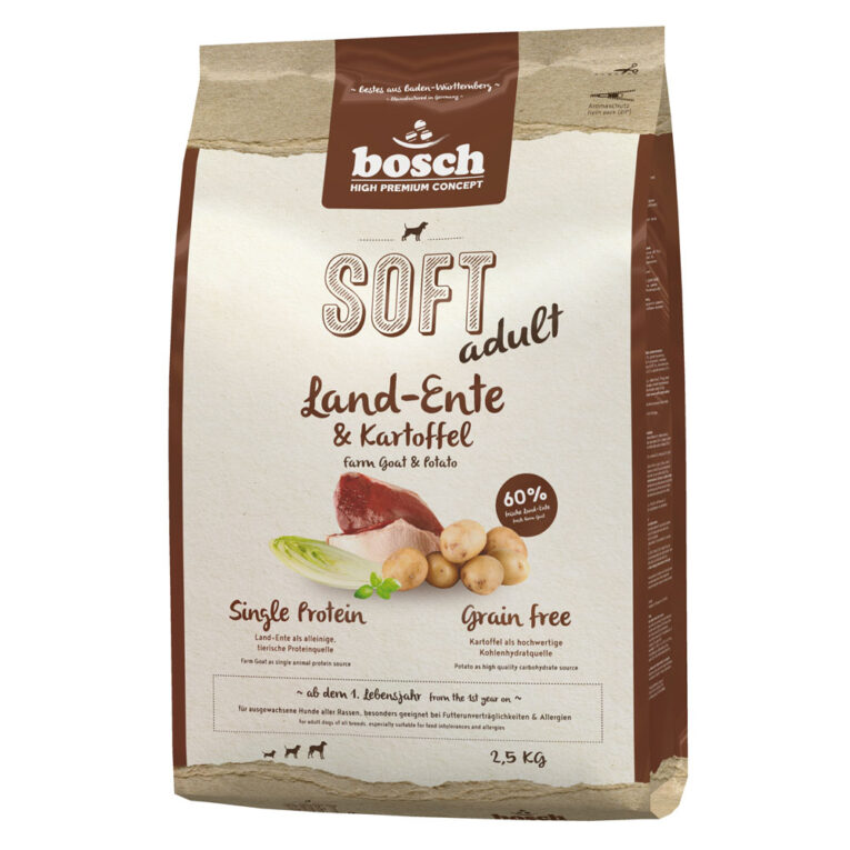 Bosch - Trockenfutter - Soft Adult Land-Ente und Kartoffel (getreidefrei) Das halbfeuchte Hundefutter Bosch Soft Adult Land-Ente und Kartoffel ist ein vollwertiges Trockenfutter mit einem ausgewogenen Nährstoffprofil und viel leckerem Frischfleisch. Das Single Protein Trockenfutter mit weichen Kroketten eignet sich durch seine hohe Verträglichkeit optimal zur Ernährung von ausgewachsenen Hunden aller Rassen und ist auch besonders gut für ernährungssensible Hunde geeignet. Mit seinem hohen Anteil an hochwertigem Protein ist das Bosch Soft Adult Land-Ente und Kartoffel Trockenfutter eine optimale Grundlage zur artgerechten Ernährung Ihres Hundes. Hochverdauliche Kartoffel und leckeres Gemüse liefern wichtige Vitamine und Mineralstoffe und leisten somit einen wichtigen Beitrag zur Gesundheit ihres Hundes. In dem Bosch Hundefutter Soft Adult Land-Ente und Kartoffel ist nur eine einzige leicht verdauliche tierische Proteinquelle enthalten