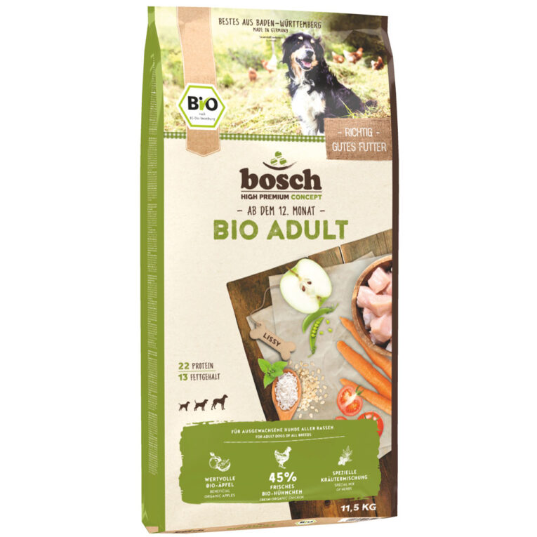 Bosch - Trockenfutter - Bio Adult Hühnchen und Apfel Das Bosch Trockenfutter Bio Adult Hühnchen und Apfel ist ein ausgewogenes Alleinfutter für ausgewachsene Hunde. Das Hundetrockenfutter zeichnet sich ganz besonders durch seinen hohen Anteil an Frischfleisch sowie die wertvollen Zutaten