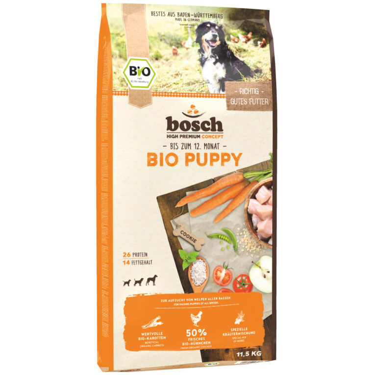 Bosch - Trockenfutter - Bio Puppy Hühnchen und Karotten Das Hundetrockenfutter Bosch Bio Puppy Hühnchen und Karotten ist ein leicht verdauliches sowie bekömmliches Alleinfutter für Welpen bis zum 12. Lebensmonat. Das Trockenfutter zeichnet sich ganz besonders durch seinen hohen Anteil an frischem Bio-Hühnchenfleisch sowie durch seine ausgewogene Rezeptur