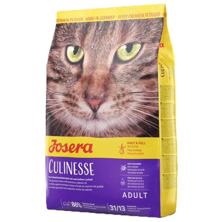 Josera – Trockenfutter – Culinesse Josera Culinesse ist ein schmackhaftes Trockenfutter mit leckerem Lachs und erlesenem Lachsöl für echte Feinschmecker. Durch den moderaten Fettgehalt des Futters eignet es sich sowohl für Indoor als auch für Outdoor Katzen. Es besticht durch wertvolle Fettsäuren