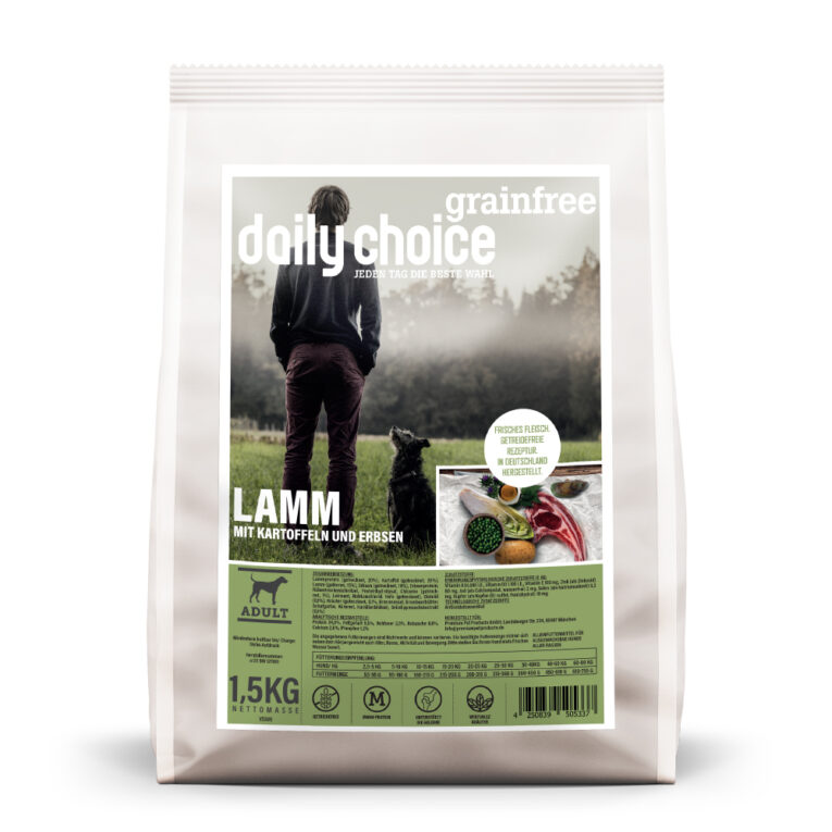 Grainfree Lamm mit Kartoffeln und Erbsen Lammfleisch enthält wichtige Mineralstoffe wie Zink und Eisen und ist ein absoluter Hochgenuss für Ihren Vierbeiner. daily choice verarbeitet im Trockenfutter Grainfree Lamm mit Kartoffeln und Erbsen 35 % leckeres Lammfleisch mit wertvollen Kräutern wie Brennnessel