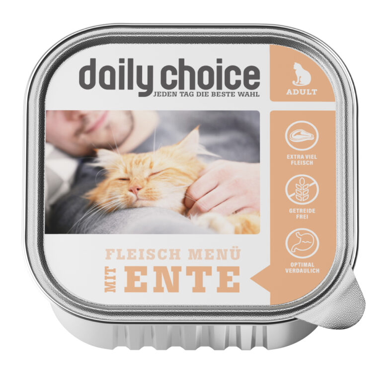 daily choice - Nassfutter - Fleischmenü mit Ente (getreidefrei) Das daily choice Nassfutter Fleischmenü mit Ente liefert Ihrer Katze eine getreidefreie Mahlzeit mit purem Fleischgenuss in der praktischen 100g Schale. Duch einen besonders hohen Fleischanteil von 70% frischem Fleisch und Innerein bietet das Katzenfutter ein besonderes Geschmackerlebnis. Auf getreidehaltige Kohlehydrate wird dabei bewusst verzichtet
