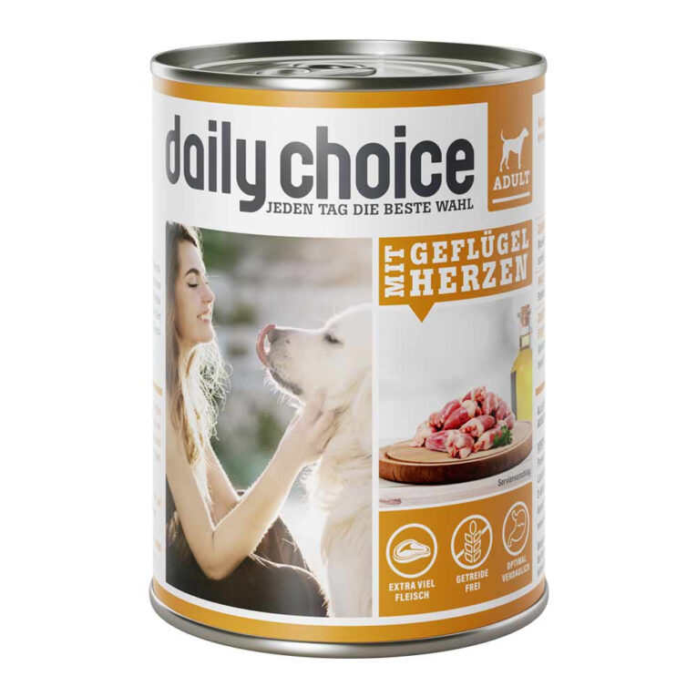 daily choice - Nassfutter - Mit Geflügelherzen (getreidefrei) Das daily choice Nassfutter mit Geflügelherzen bietet Ihrem Hund eine getreidefreie Mahlzeit mit purem Fleischgenuss. Das Futter besteht insgesamt zu 70% aus Fleisch und Innereien mit saftigen