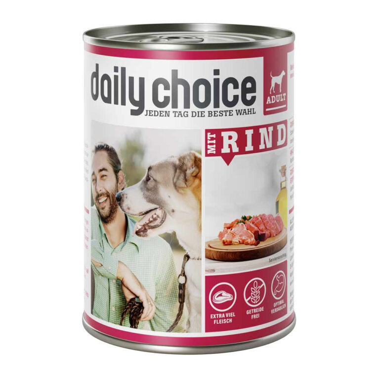daily choice - Nassfutter - Mit Rind (getreidefrei) Das daily choice Nassfutter mit Rind bietet Ihrem Hund eine getreidefreie Mahlzeit mit purem Fleischgenuss. Das Futter besteht insgesamt zu 70% aus Fleisch und Innereien mit saftigen