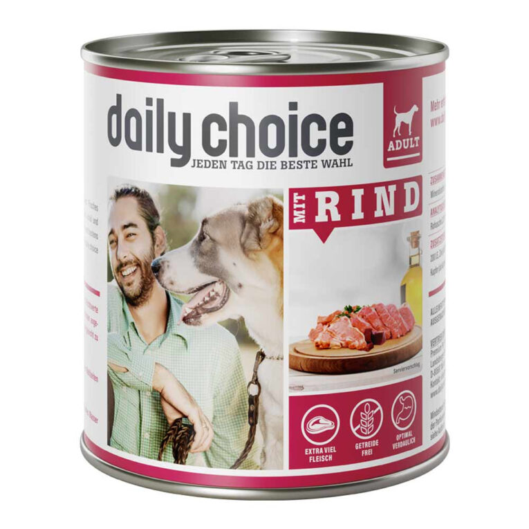 Mit Rind Sie suchen nach einem leckeren Nassfutter für Ihre sensible Fellnase? Mit dem daily choice Nassfutter mit Rind machen Sie alles richtig. Es überzeugt durch purem Fleischgenuss und eine getreidefreie Rezeptur. 70 % des Futters bestehen aus saftigem Fleisch und Innereien vom Rind. Rindfleisch ist nahrhaft