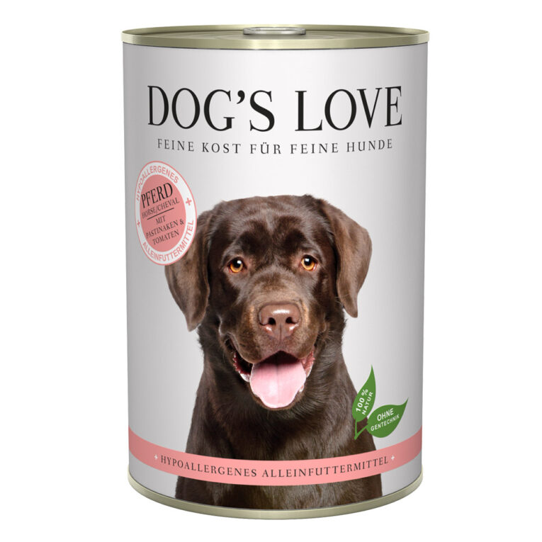 Dog’s Love - Nassfutter - Hypoallergen Pferd mit Pastinaken und Tomaten (getreidefrei) Das Nassfutter Hypoallergen Pferd mit Pastinaken und Tomaten ist ein schmackhaftes hypoallergenes Alleinfuttermittel. Frisches Pferdefleisch liefert wertvolles Eiweiß und Pastinake und Tomaten sorgen für ausreichend Vitamine und Vitalstoffe. Das leckere Futter ist leicht verdaulich