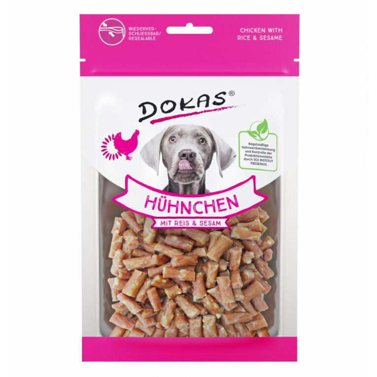 Dokas - Kausnack - Hühnchen mit Reis und Sesam Der Kausnack Hühnchen mit Reis von der Firma Dokas ist ein reines Naturprodukt