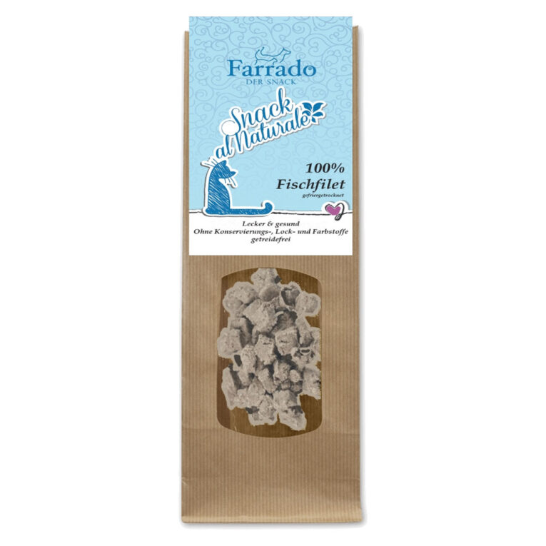 Farrado - Katzensnack - Snack al Naturale 100% Weißfisch (getreidefrei) Verwöhnen Sie Ihre Katze ganz natürlich und artgerecht mit dieser besonders feinen Neuigkeit aus dem Hause Farrado. Der Snack al Naturale aus 100% echtem
