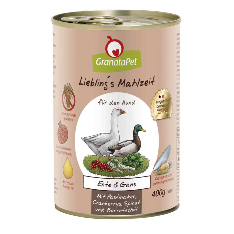 GranataPet - Nassfutter - Liebling’s Mahlzeit Ente & Gans Die Liebling’s Mahlzeit von GranataPet stellt eine ideale Vollwertnahrung für Ihren ausgewachsenen Hund dar. Aufgrund der ausgewogenen