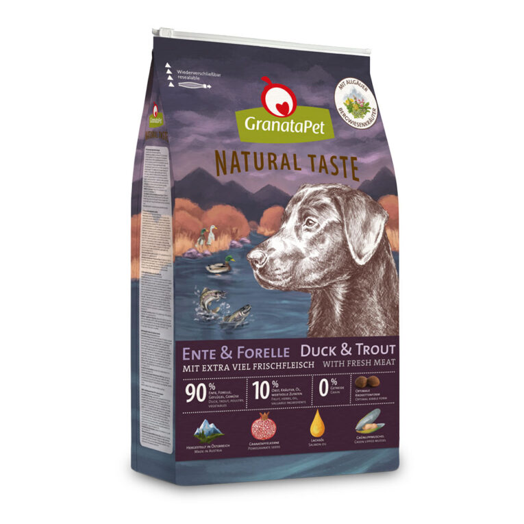 GranataPet - Trockenfutter - Natural Taste Ente & Forelle (getreidefrei) GranataPet Natural Taste Ente & Forelle eignet sich als Alleinfuttermittel für ausgewachsene Hunde. Die Rezeptur basiert auf einem hohen Anteil an frischem und getrocknetem Fleisch von Forelle und Geflügel