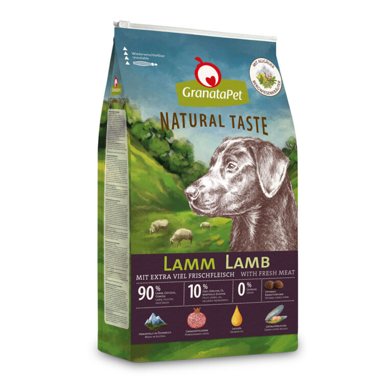 GranataPet - Trockenfutter - Natural Taste Lamm (getreidefrei) GranataPet Natural Taste Lamm eignet sich als Alleinfuttermittel für ausgewachsene Hunde. Die Rezeptur basiert auf einem hohen Anteil an frischem und getrocknetem Lamm und Geflügel