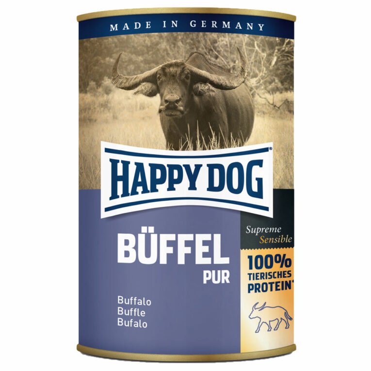 Happy Dog - Nassfutter - Single Protein Büffel Pur (getreidefrei) Für eine ausgewogene Ernährung von Hunden gehört Fleisch zu den Hauptbestandteilen. Happy Dog Single Protein Büffel eignet sich hervorragend als Fleischzugabe zum Mischen mit Flocken. Da nur eine Proteinquelle verwendet wird