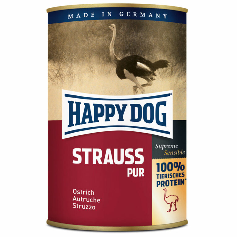 Happy Dog - Nassfutter - Single Protein Strauß Pur Für eine ausgewogene Ernährung von Hunden gehört Fleisch zu den Hauptbestandteilen. Happy Dog Single Protein Strauß eignet sich hervorragend als Fleischzugabe zum Mischen mit Flocken. Da nur eine Proteinquelle verwendet wird