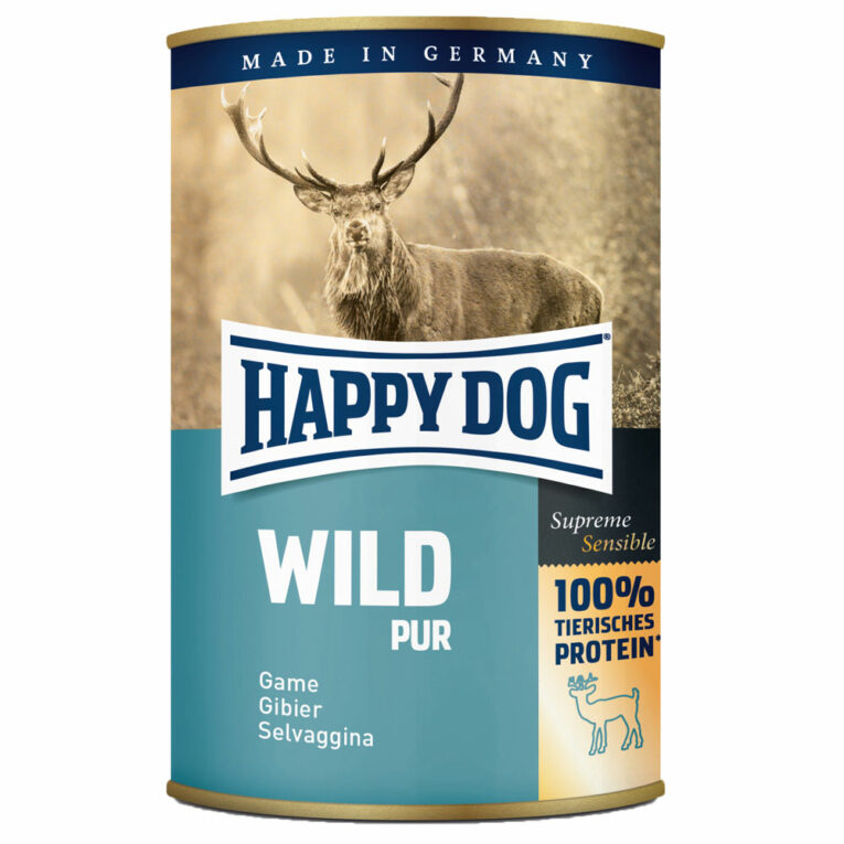Happy Dog - Nassfutter - Single Protein Wild Pur (getreidefrei) Für eine ausgewogene Ernährung von Hunden gehört Fleisch zu den Hauptbestandteilen. Happy Dog Single Protein Wild eignet sich hervorragend als Fleischzugabe zum Mischen mit Flocken. Da nur eine Proteinquelle verwendet wird