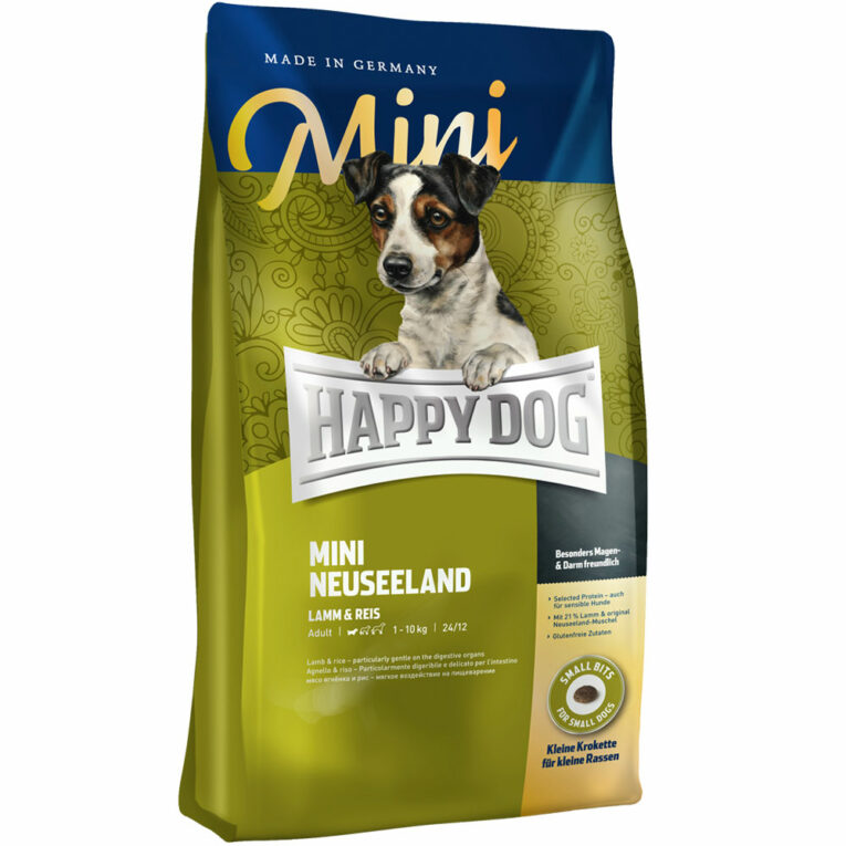 Happy Dog - Trockenfutter - Supreme Mini Neuseeland Happy Dog Supreme Mini Neuseeland überzeugt Ihren kleinen Liebling durch die spezielle und Anpassung auf die Ernährungsbedürfnisse kleiner Hunde. Das glutenfreie Trockenfutter mit schmackhaftem Lamm und leicht verdaulichem Reis eignet sich auch für sensible Hunde. Die besonders schonende Herstellung unter höchsten Qualitätskontrollen in Deutschland unterstützt eine naturnahe Ernährung. Speziell angepasste Protein- und Energiegehalte können zudem das Wohlergehen des Hundes fördern. Das eigens konzipierte Happy Dog Natural Life Concept kombiniert in Supreme Mini Neuseeland die natürlichen Zutaten