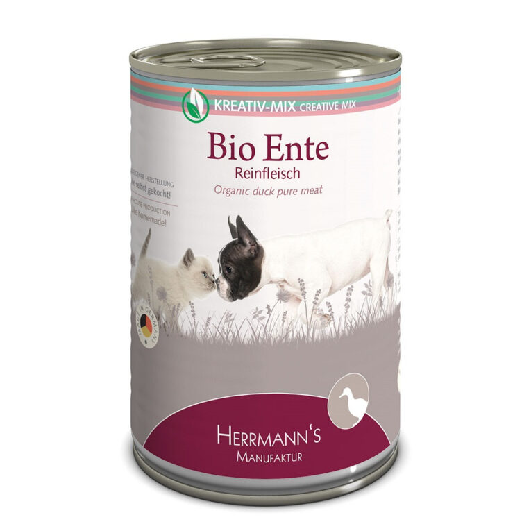 Herrmann’s - Nassfutter - Bio-Ente Reinfleisch (getreidefrei) Selection Kreativ Mix Reinfleisch von Herrmann’s ist für Hunde und Katzen aller Rassen und jeden Alters geeignet. Die Reinfleischlinie setzt auf 100% reinstes Fleisch in Bio-Qualität und eignet sich zum Mischen mit Obst